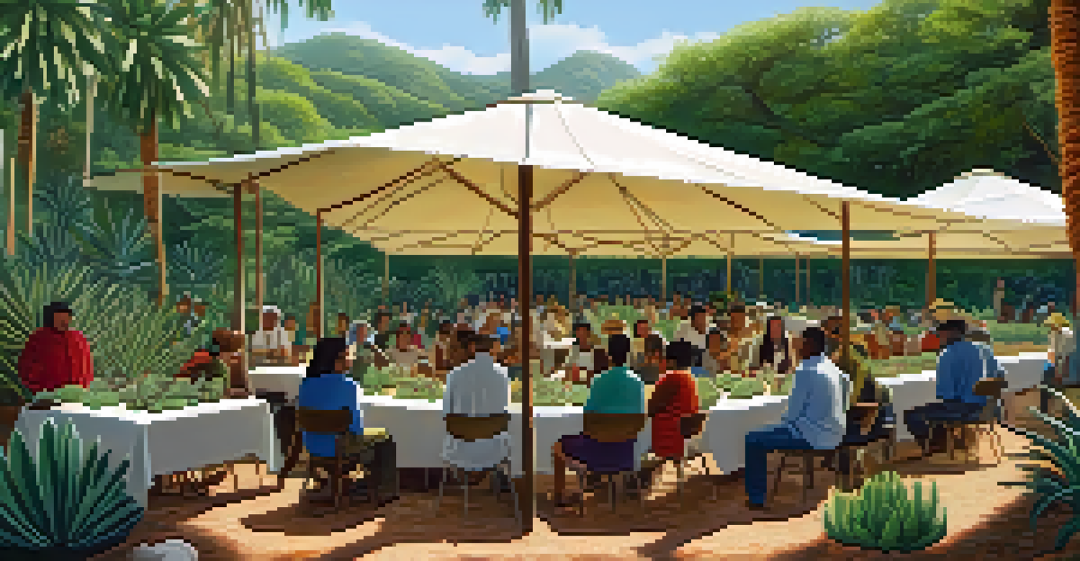 A community gathering with people discussing sustainable Peyote cultivation under a canopy.