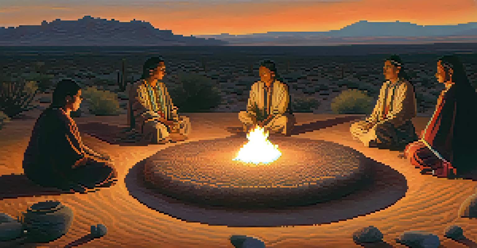 A group of individuals sitting in a circle around a small fire during a peyote ceremony at dusk, with warm firelight and a twilight desert background.