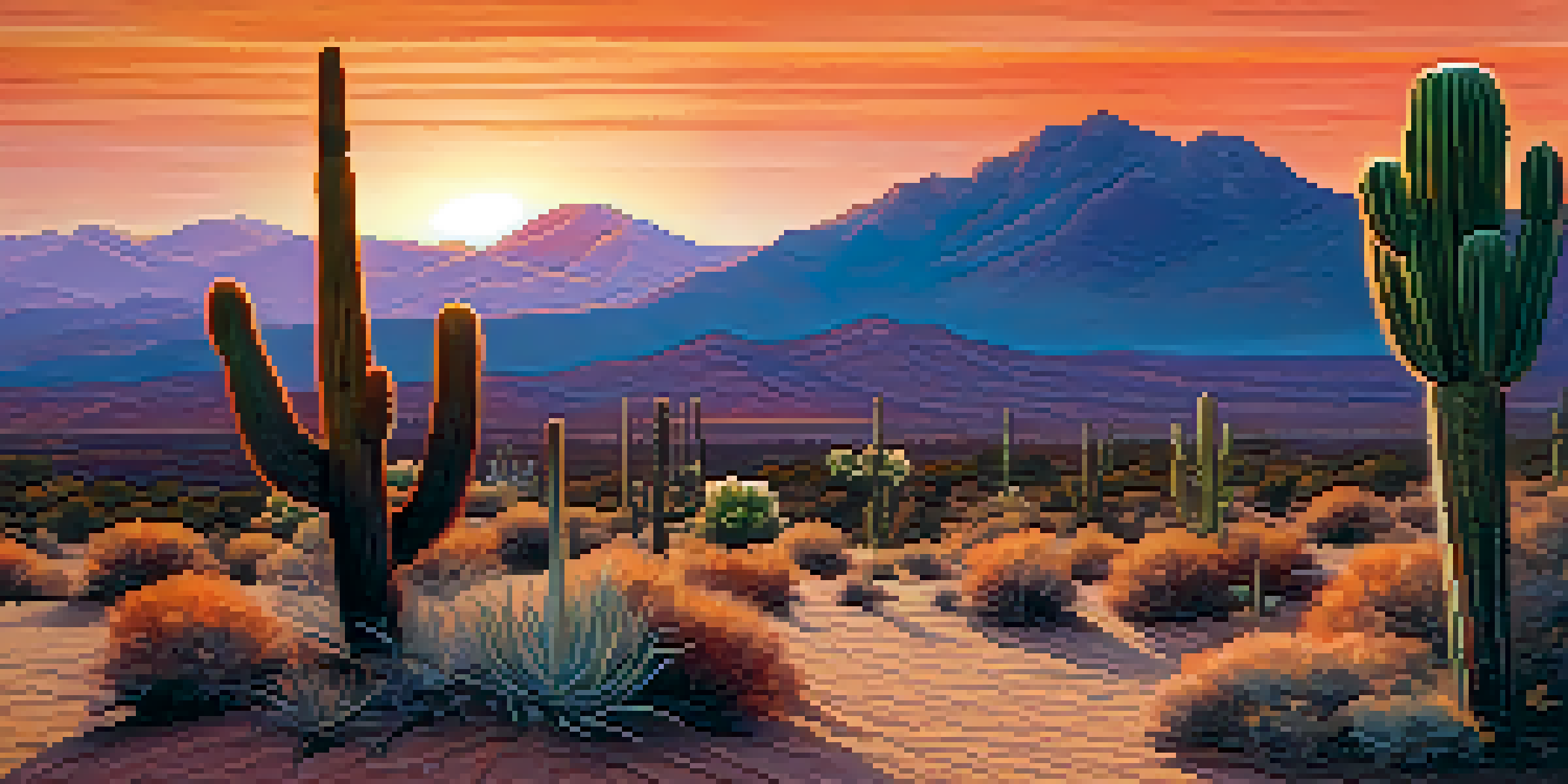 A desert landscape at sunset with a small peyote cactus in the foreground, vibrant sky colors reflecting on the sand.