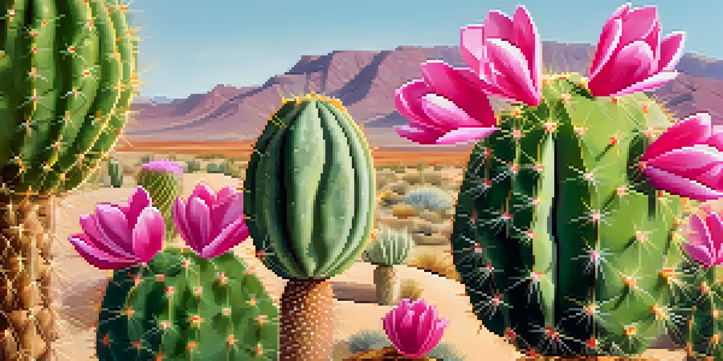 Close-up of a vibrant Peyote cactus with pink flowers in a sandy desert landscape, illuminated by soft sunlight.