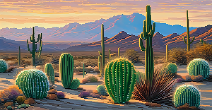A tranquil desert scene with Peyote cacti in the foreground and mountains in the background during sunrise.