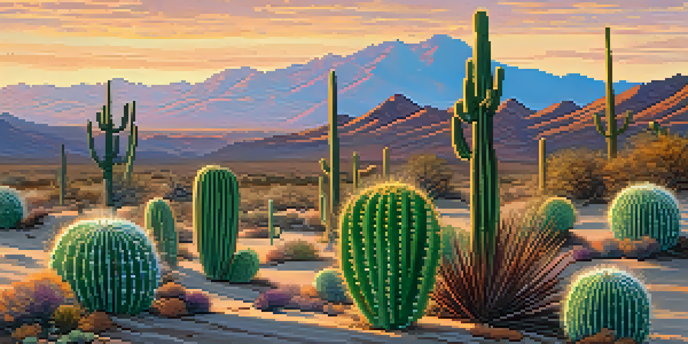 A tranquil desert scene with Peyote cacti in the foreground and mountains in the background during sunrise.