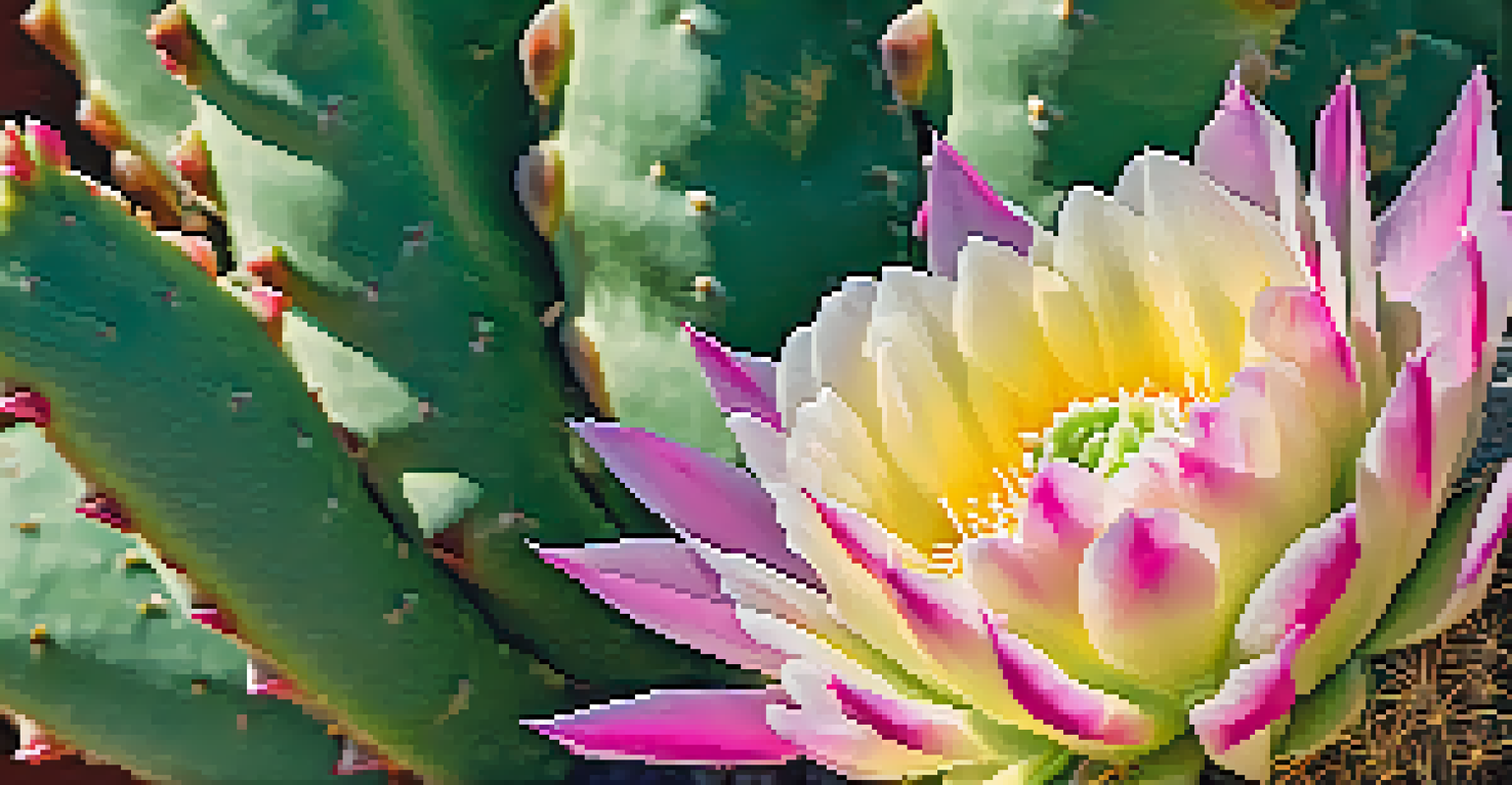 A close-up of a blooming peyote cactus flower, with vibrant pink and white petals against a green cactus body.