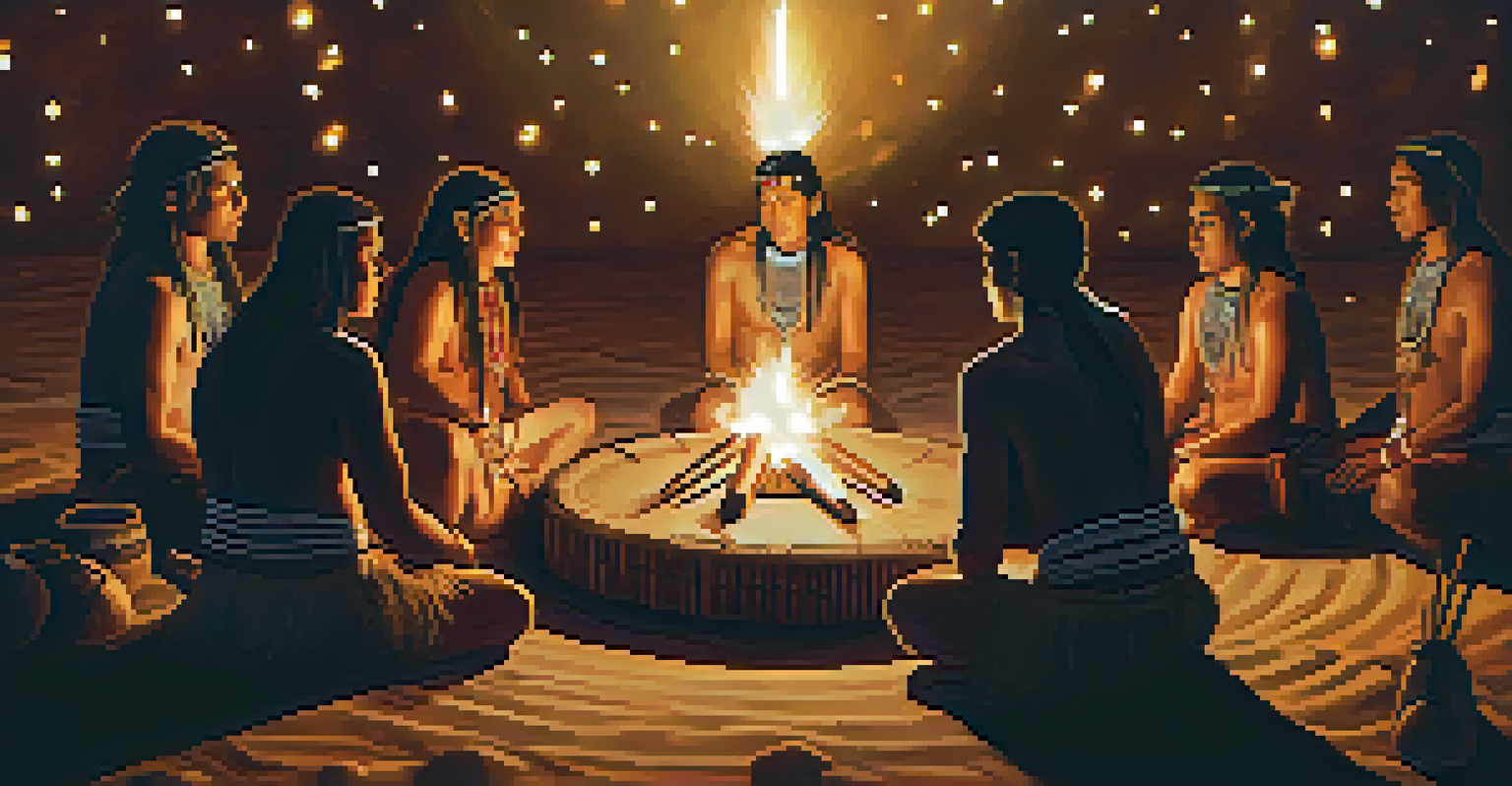 Participants in a Native American ritual sitting around a fire, drumming and celebrating.