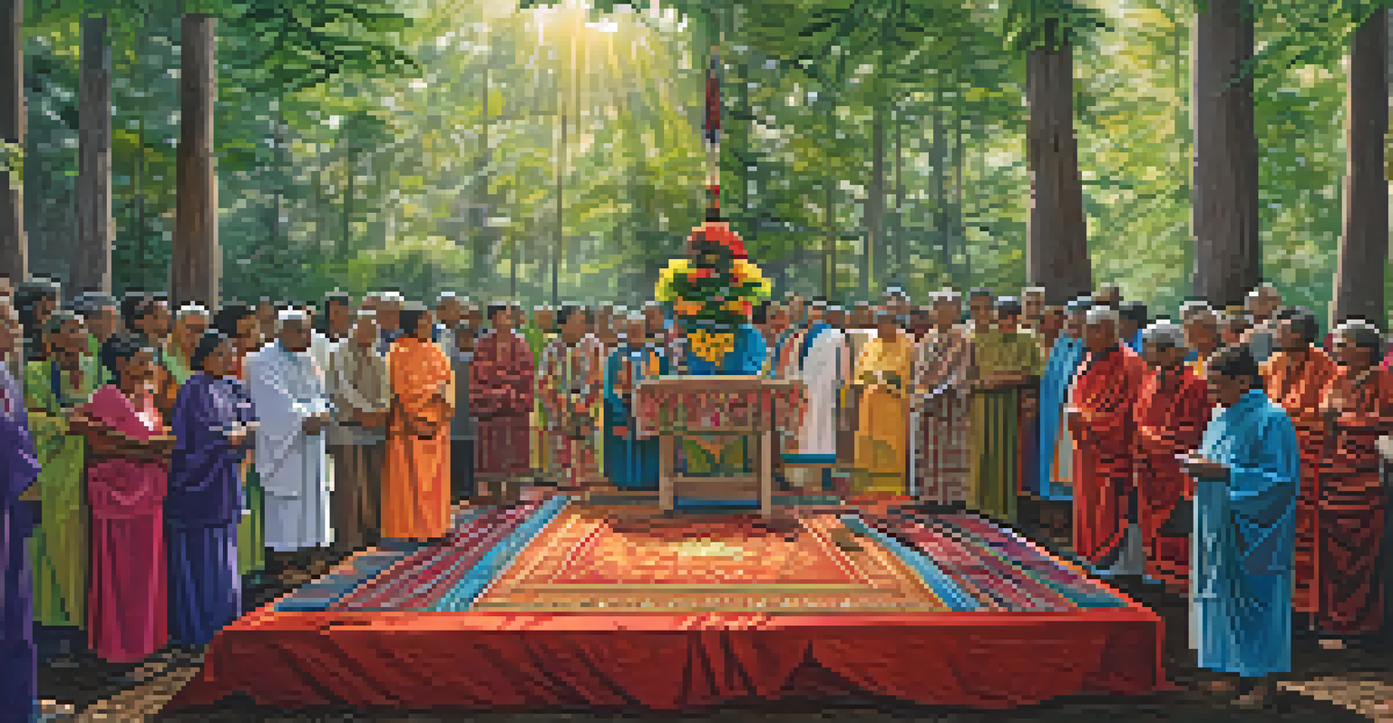 An Indigenous ceremony in a forest, with community members around an altar of Peyote, illuminated by soft sunlight.