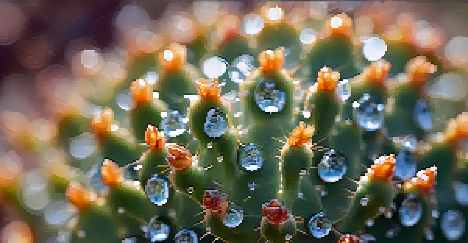 A close-up of a peyote cactus with dewdrops, highlighting its textures and surrounded by blurred desert vegetation.