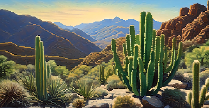 A vibrant green cactus in front of a mountainous landscape under a blue sky with fluffy clouds, bathed in warm golden light.