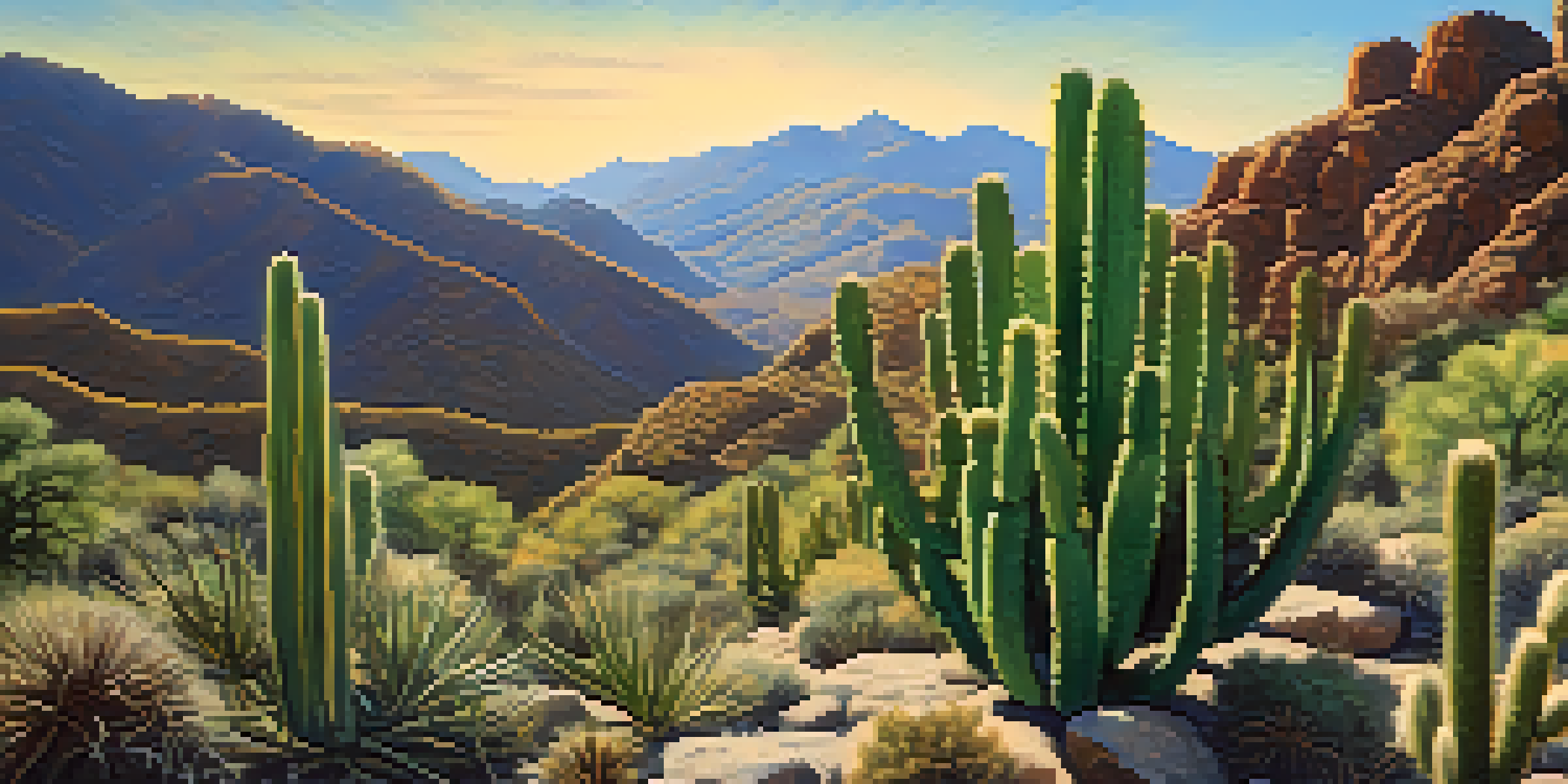 A vibrant green cactus in front of a mountainous landscape under a blue sky with fluffy clouds, bathed in warm golden light.