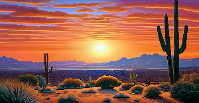 A desert landscape at dusk featuring a peyote cactus with a colorful sky.
