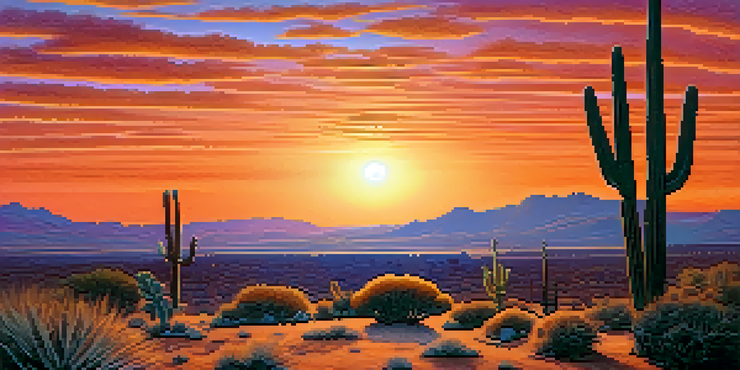 A desert landscape at dusk featuring a peyote cactus with a colorful sky.