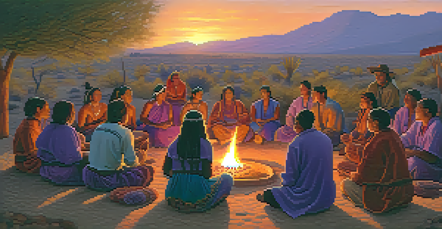 Community gathering around a fire during a Peyote ceremony at dusk, with participants singing and sharing stories in a colorful sunset.