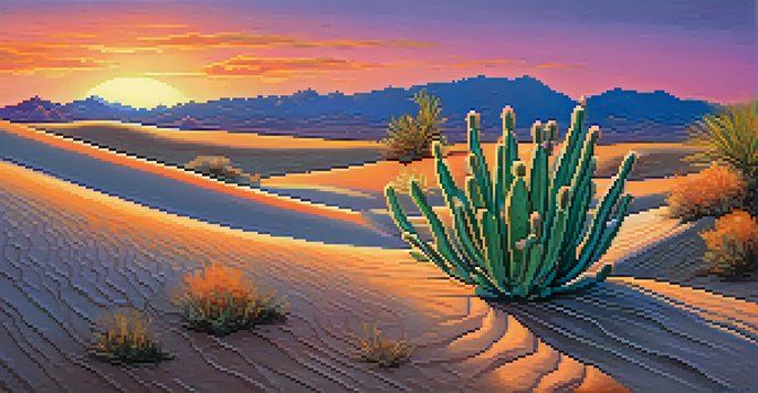 A tranquil desert scene with a peyote cactus in the foreground, colorful sunset sky, and mountains in the background.