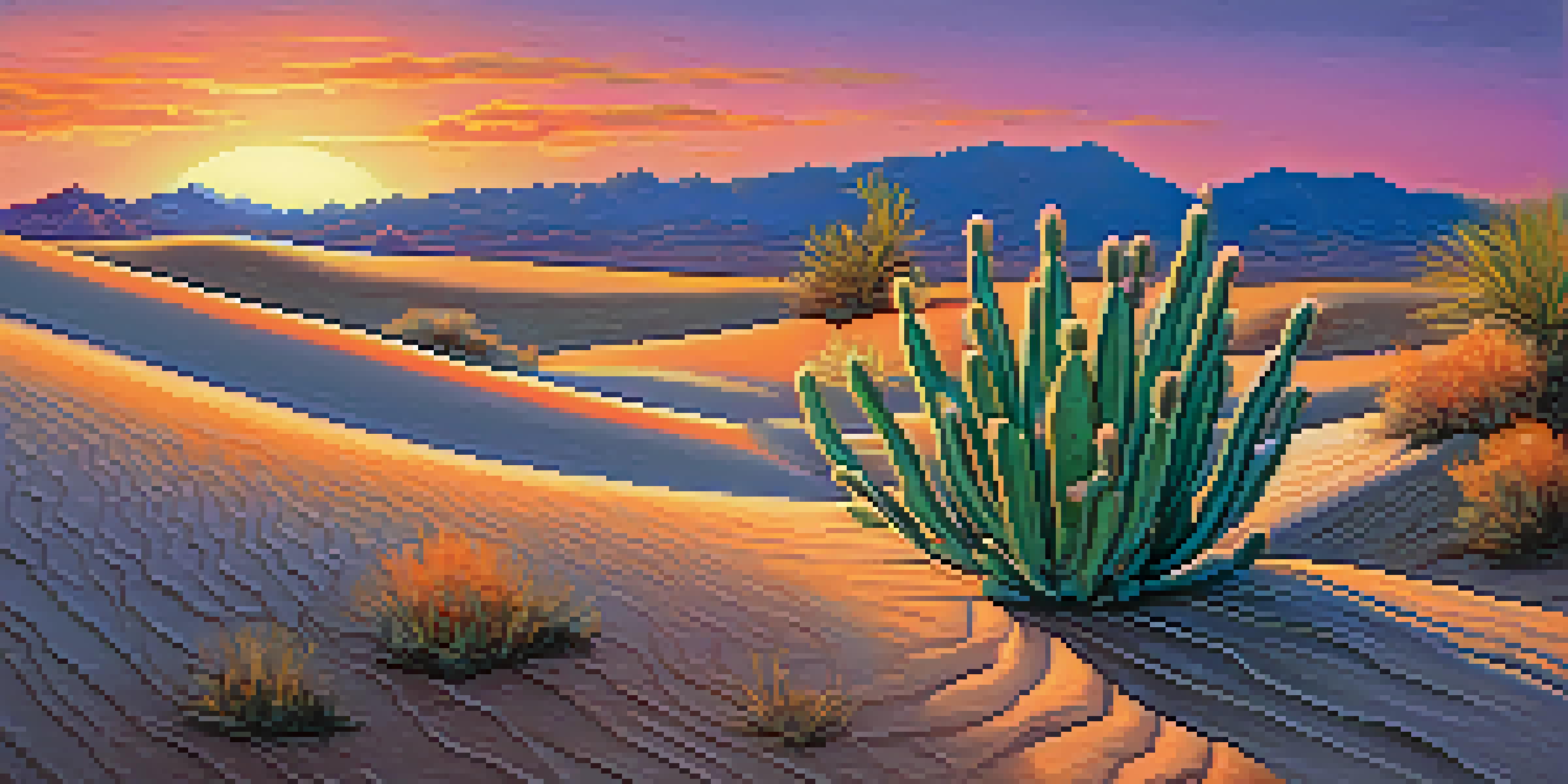 A tranquil desert scene with a peyote cactus in the foreground, colorful sunset sky, and mountains in the background.