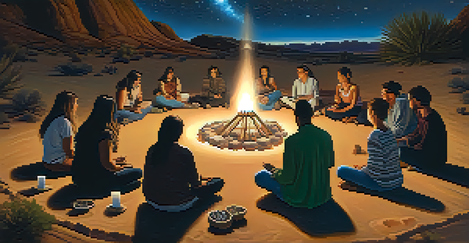 A group of people in a peyote ceremony under a starry sky, surrounded by candles and desert flora.