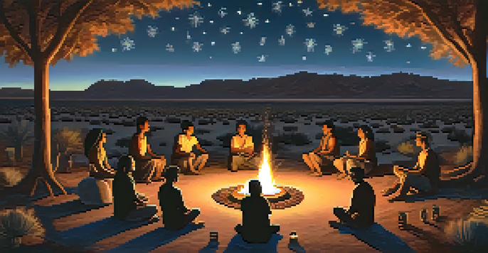 A peaceful peyote ceremony taking place under a starry sky, with participants gathered around a fire, surrounded by desert plants and mountains.