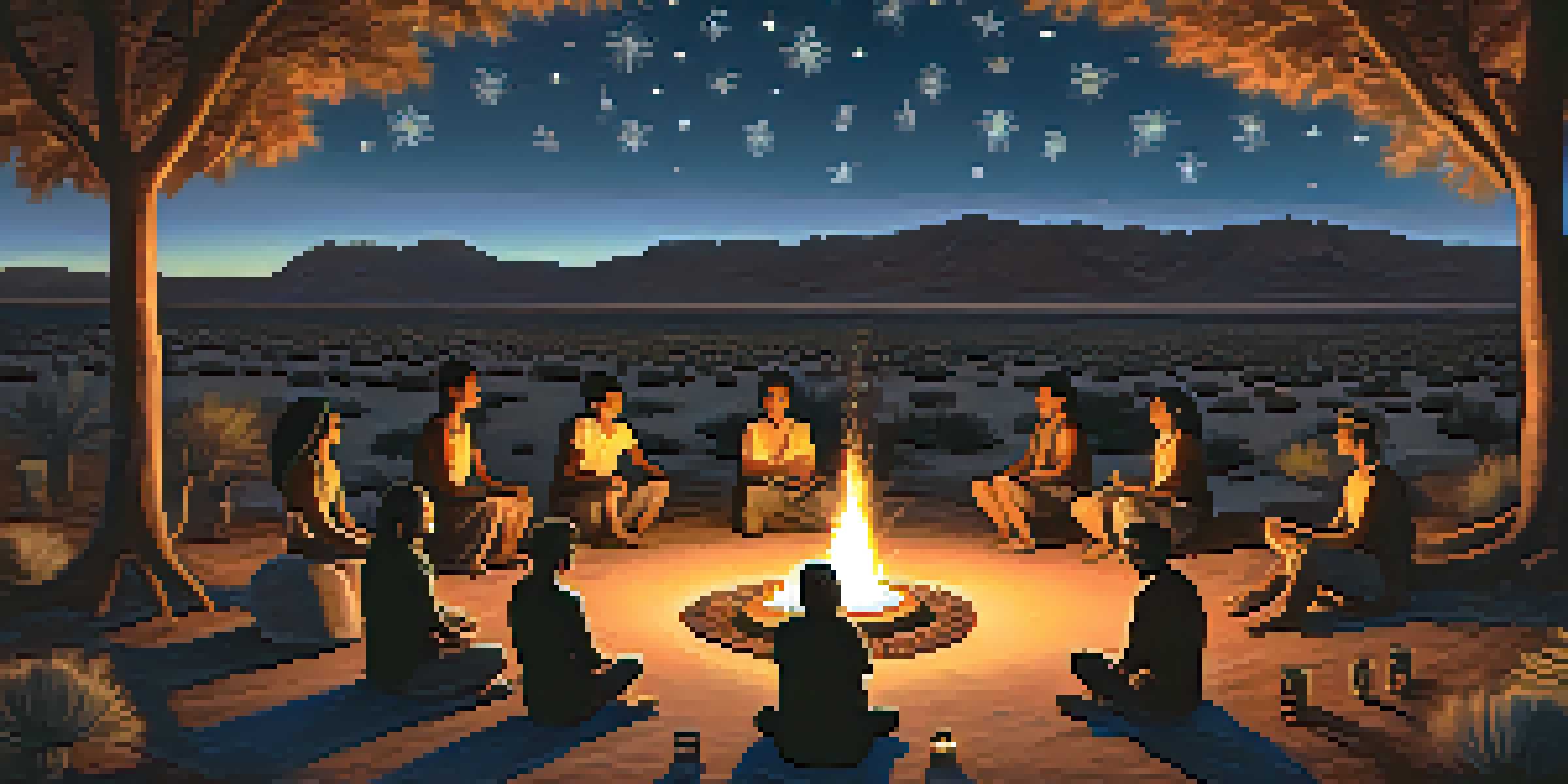 A peaceful peyote ceremony taking place under a starry sky, with participants gathered around a fire, surrounded by desert plants and mountains.