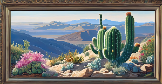 A peyote cactus surrounded by wildflowers under a clear blue sky, with sunlight illuminating the scene.