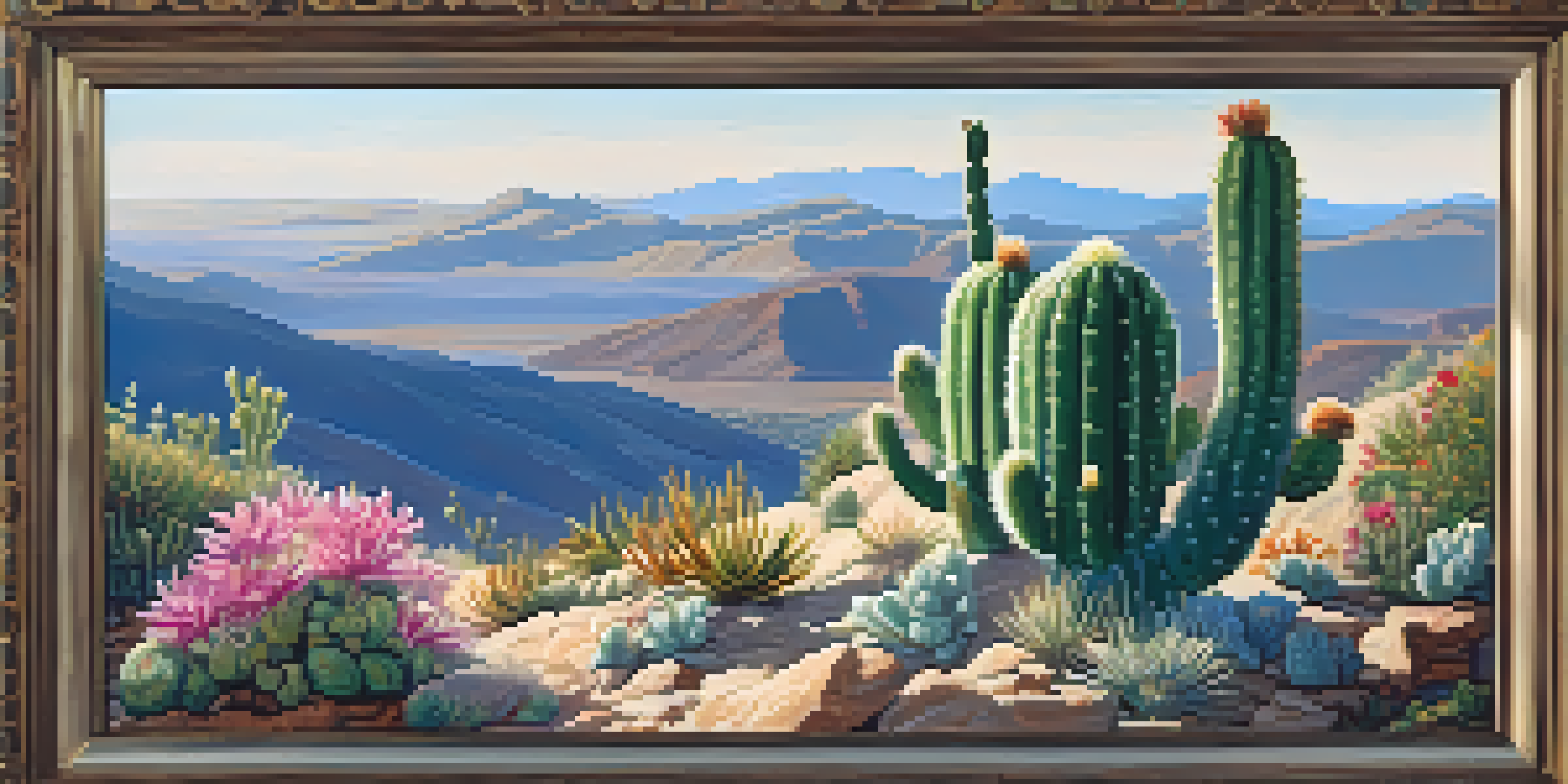 A peyote cactus surrounded by wildflowers under a clear blue sky, with sunlight illuminating the scene.