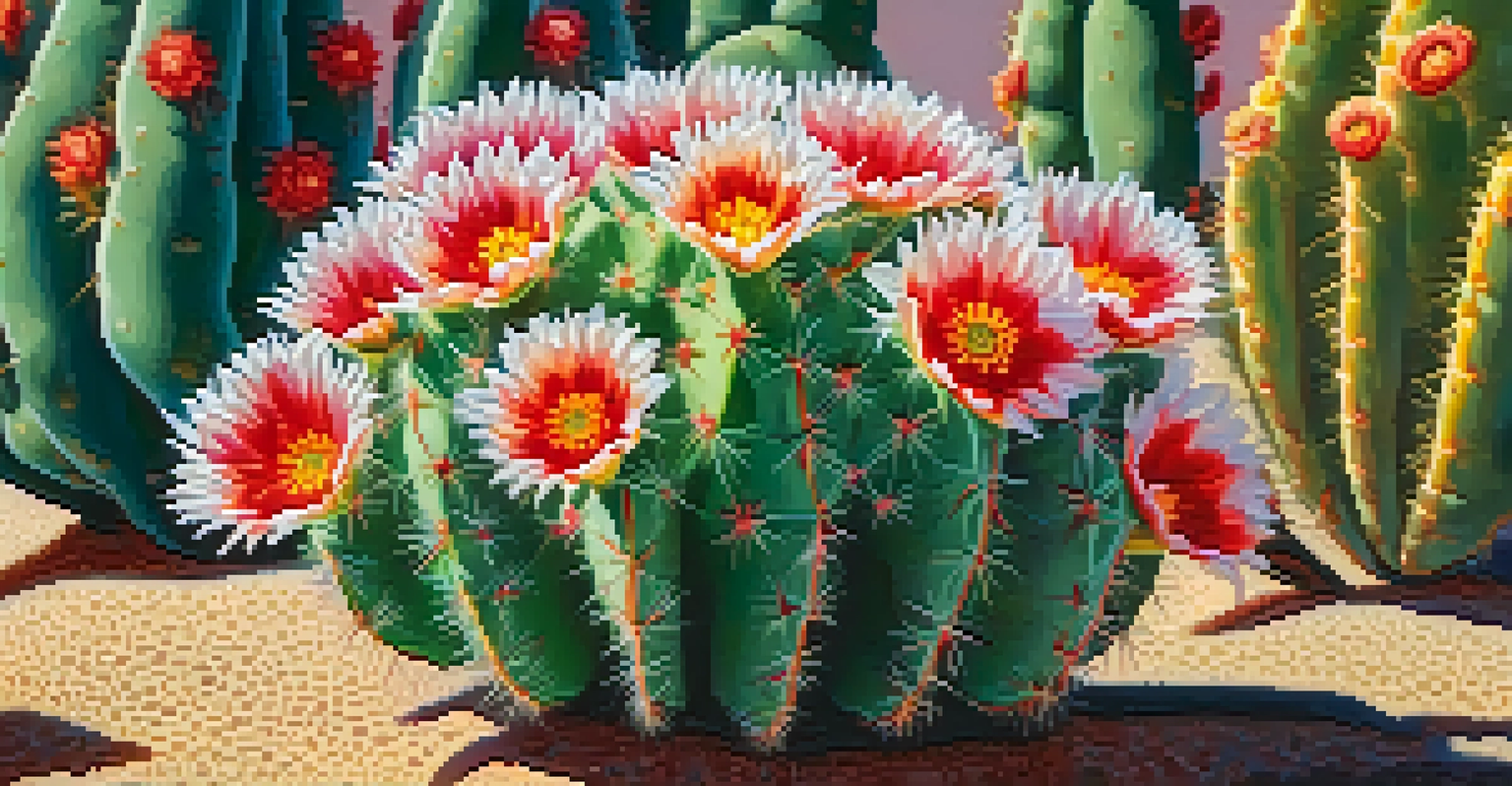 A detailed close-up of a peyote cactus showcasing its circular form and colorful blooms against a softly blurred background.