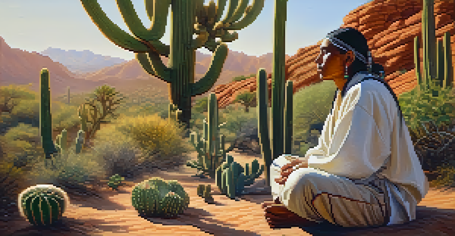 An indigenous person in traditional attire sitting among peyote cacti, reflecting in a natural setting with soft sunlight.