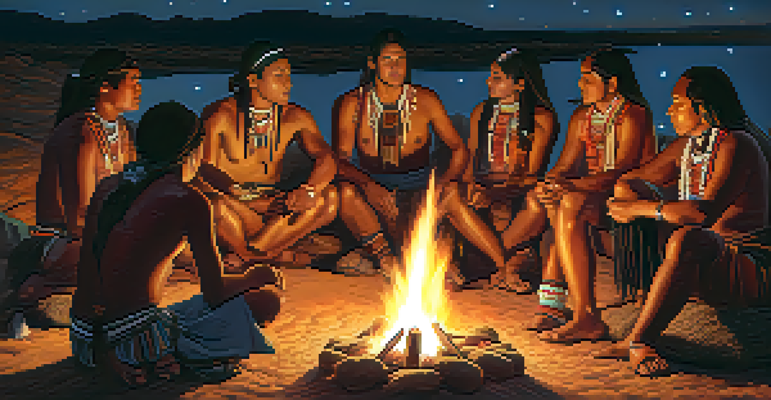 A group of indigenous people participating in a peyote ceremony around a fire at night.