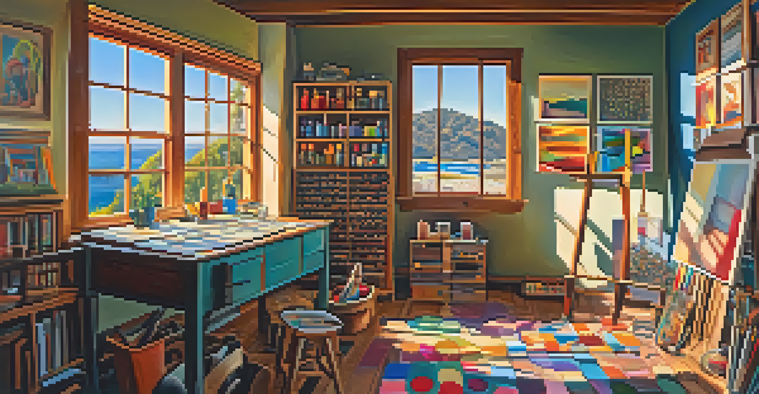 An artist's studio showcasing vibrant paintings and tools, with a colorful canvas in the center inspired by peyote visions, illuminated by soft natural light.