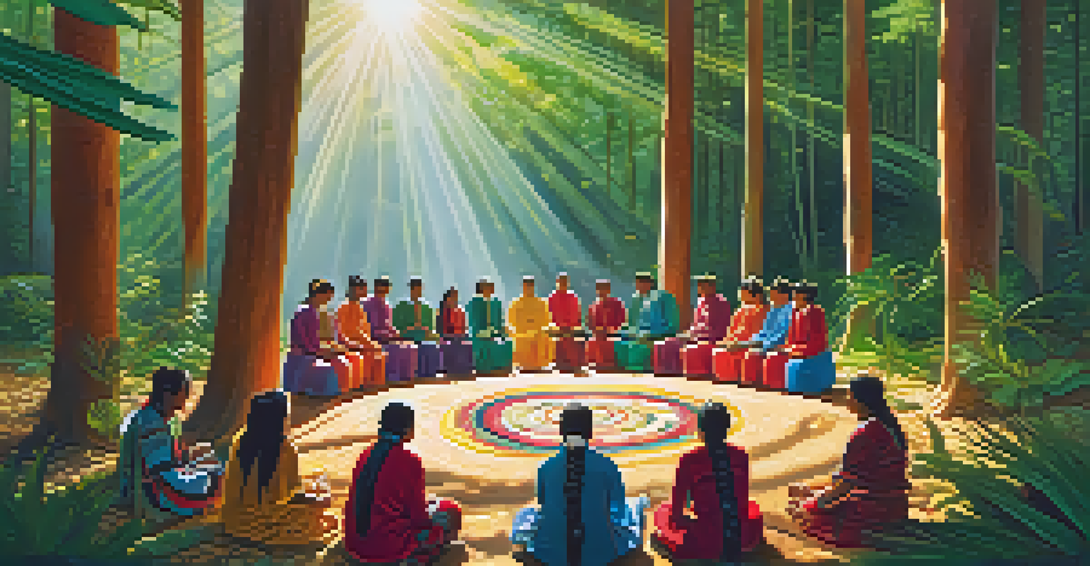 Indigenous people participating in a traditional ceremony in a forest, holding a Peyote cactus.