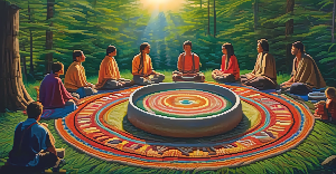 A peaceful outdoor setting for a Peyote ritual, featuring participants seated in a circle around Peyote buttons and ceremonial offerings, bathed in soft sunlight.