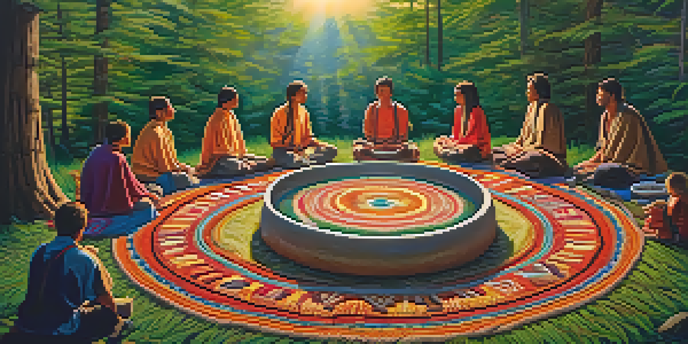 A peaceful outdoor setting for a Peyote ritual, featuring participants seated in a circle around Peyote buttons and ceremonial offerings, bathed in soft sunlight.