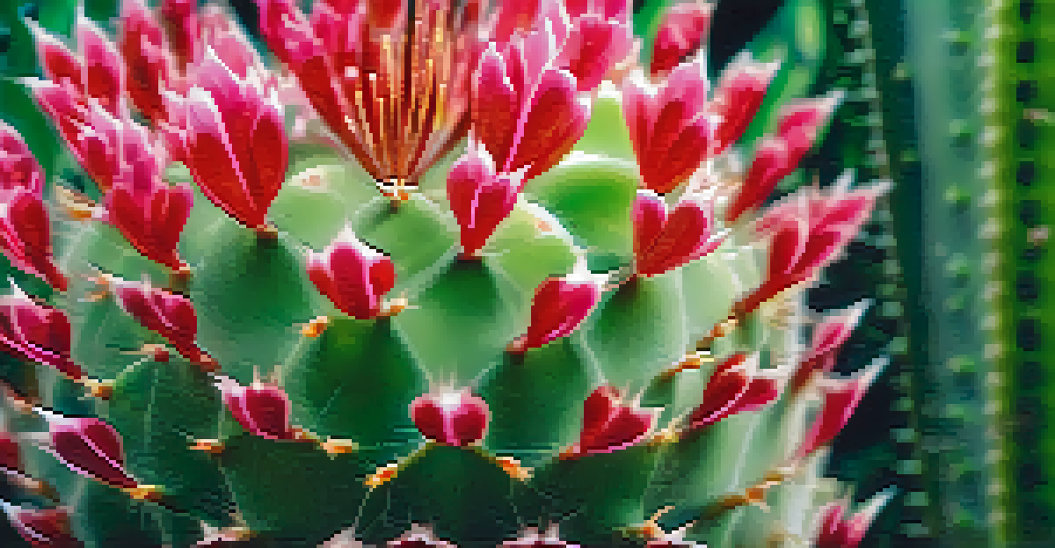 A close-up of a peyote cactus, showcasing its intricate spines and vibrant green color with blooming flowers.