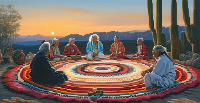 A peaceful peyote ceremony with indigenous elders seated in a circle, illuminated by lanterns at dusk, surrounded by nature.
