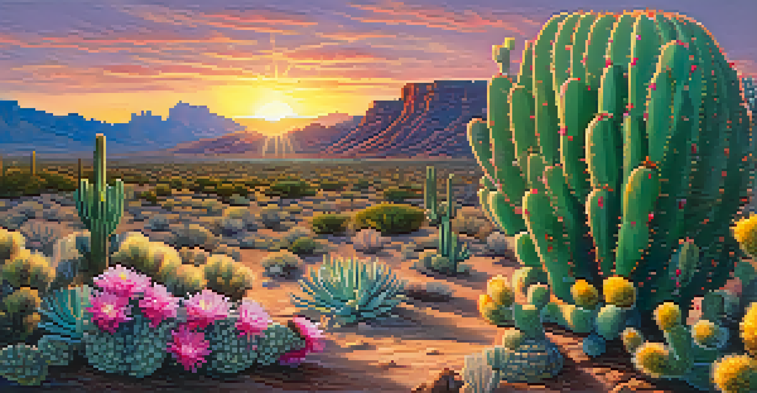 A colorful Peyote cactus in its natural desert environment during sunset.