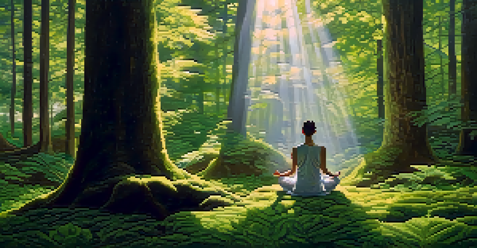 A person meditating peacefully in a vibrant green forest with sunlight streaming through the trees.