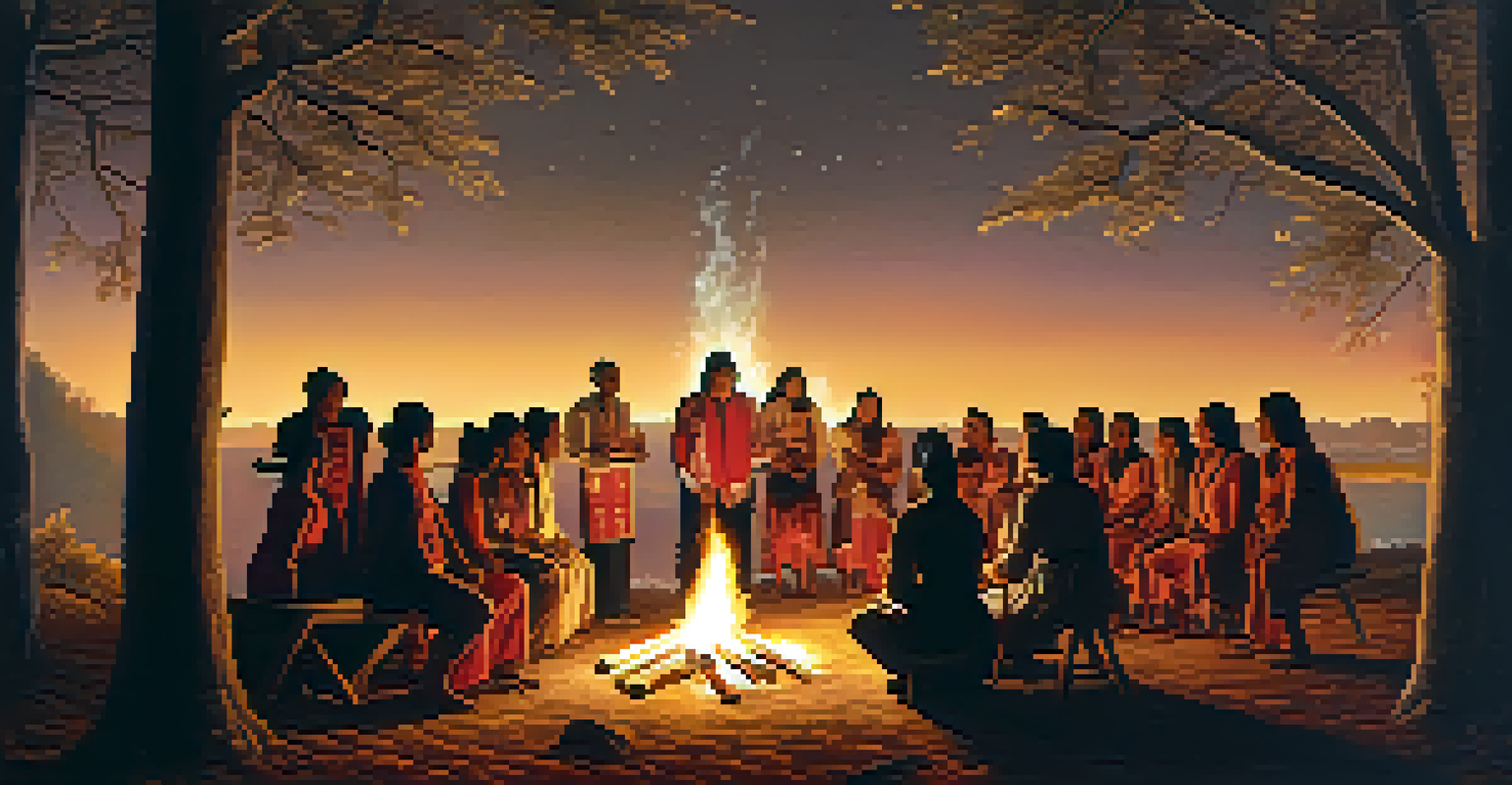 An Indigenous ceremony around a fire at night, featuring participants in traditional clothing engaged in music and dance.