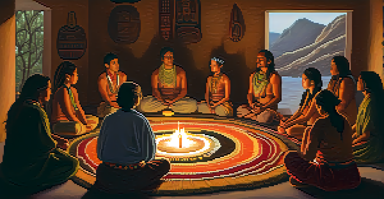 A serene peyote ceremony in a dimly lit room with participants in a circle around an altar with peyote and candles.