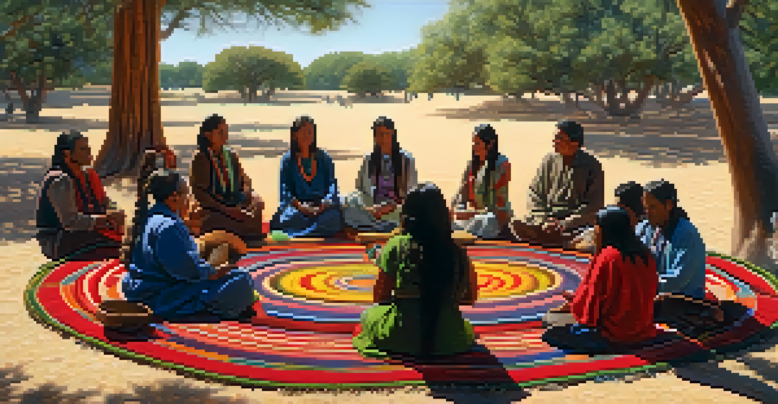 A group of people sitting in a circle on blankets during a peyote ceremony, with ceremonial tools on a table and soft light filtering through trees.