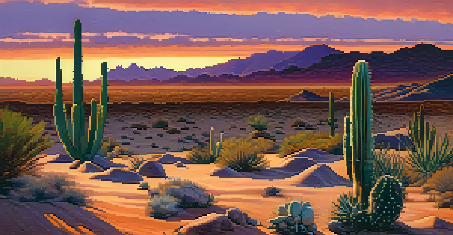 A peaceful desert scene at sunset with San Pedro cacti silhouetted against a vibrant sky, highlighting the warm colors and tranquil landscape.