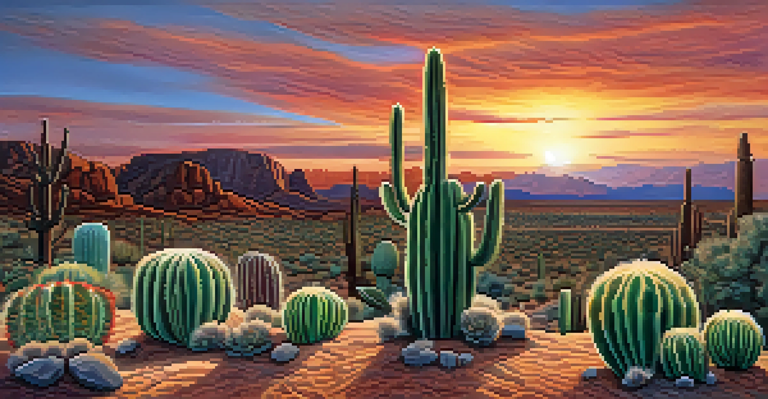 A Peyote cactus in a desert landscape at sunset, with vibrant sky colors and earthy tones, symbolizing spiritual growth.