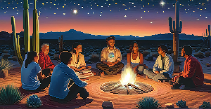 A group of diverse people gathered around a fire in a desert during a Peyote ritual, sharing stories under a starry night sky.