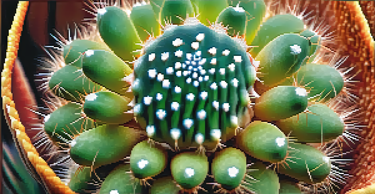 A close-up view of a peyote cactus with intricate textures and morning dew, highlighting its vibrant colors in soft natural light.