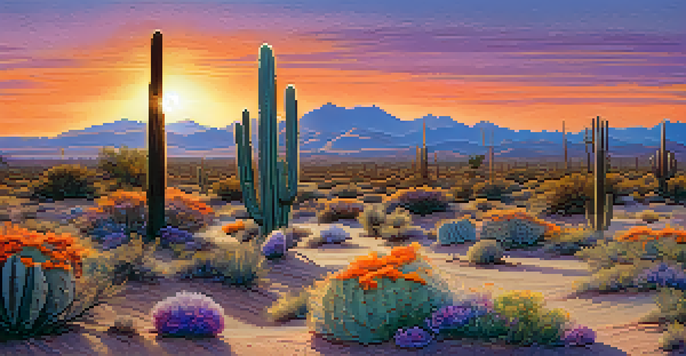 A peaceful desert scene at sunset with a peyote cactus in the foreground, surrounded by small wildflowers and a colorful sky.