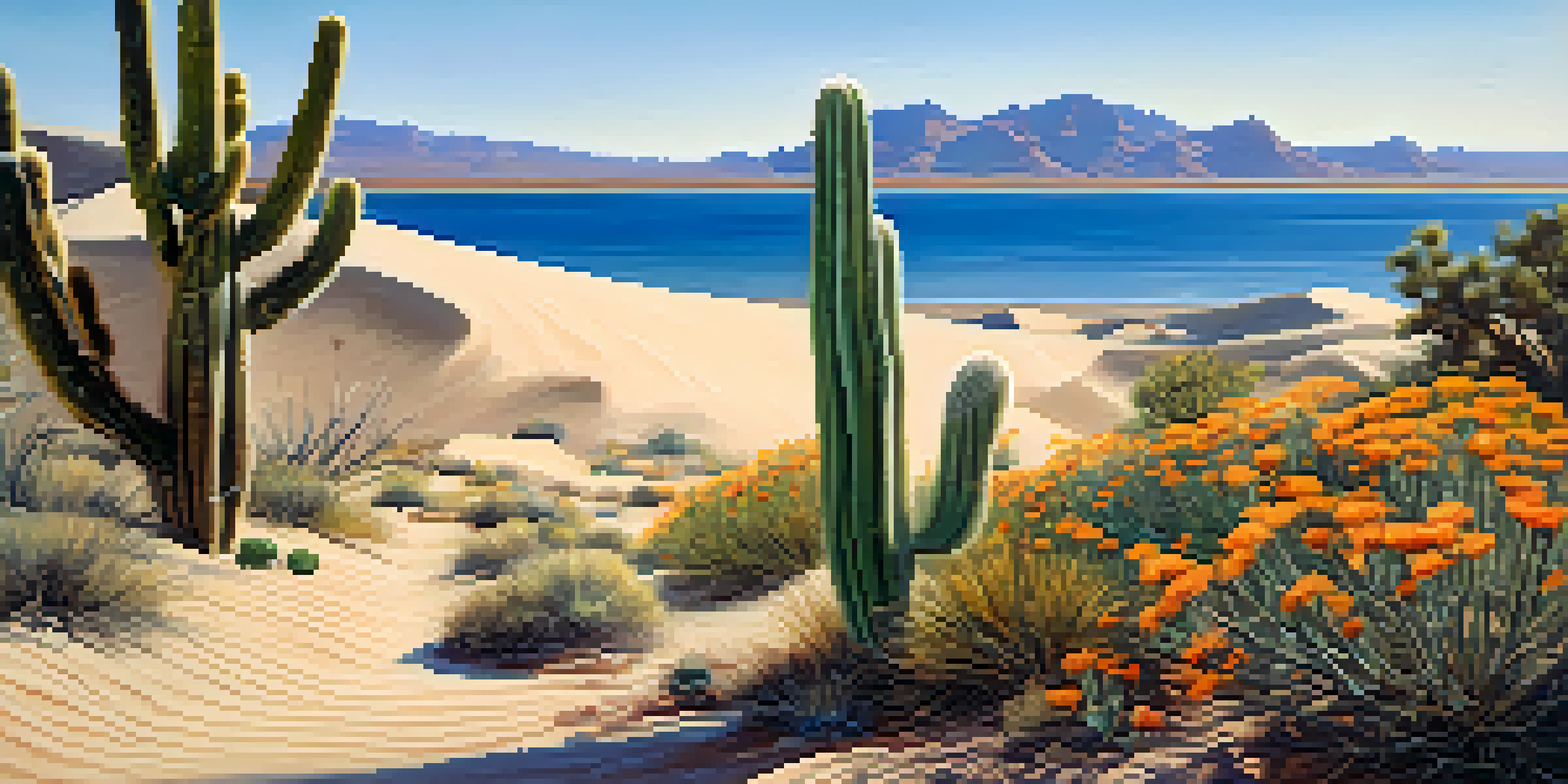 A desert scene with a vibrant peyote cactus surrounded by sand dunes and wildflowers under a clear blue sky.