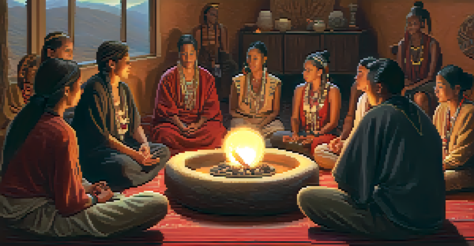 A cozy, candlelit Peyote ceremony with participants sitting in a circle, creating a warm and communal atmosphere filled with traditional artifacts.