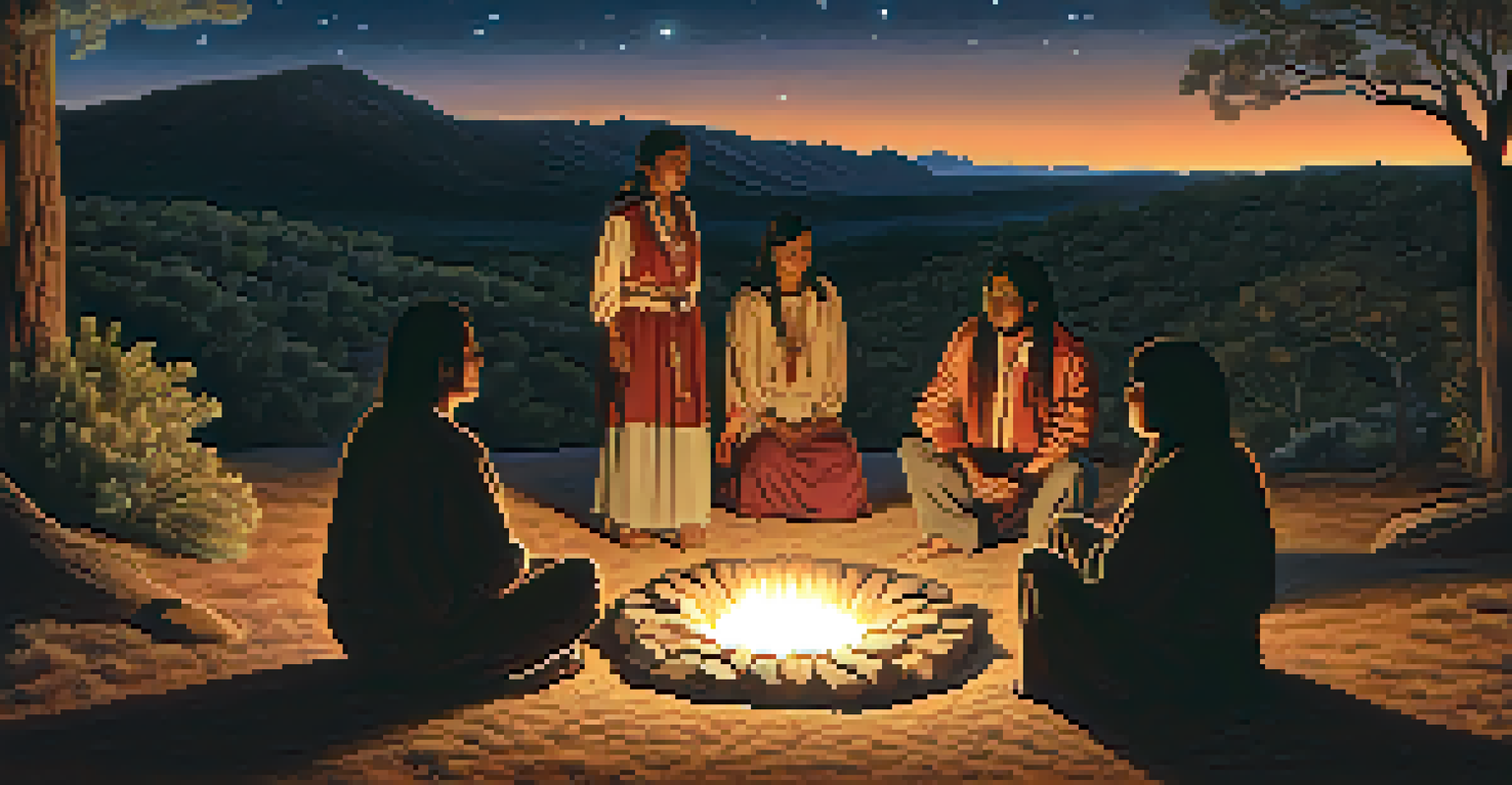 A group of people participating in a traditional ceremony around a fire at night, with peyote plants in the center.