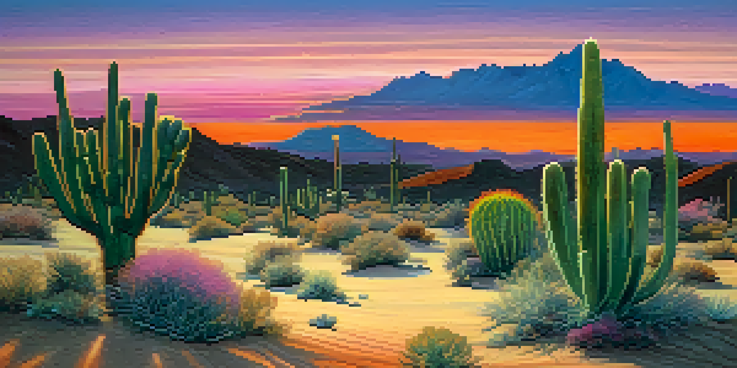 A desert landscape at dusk with a small peyote cactus in the foreground and a colorful sunset sky.