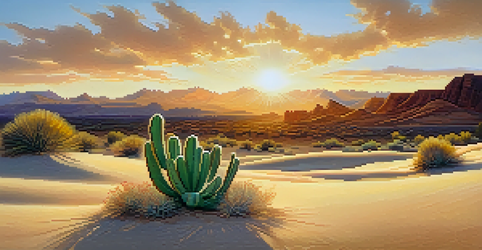 A peaceful desert scene with a small Peyote cactus in the foreground, illuminated by the soft light of the sunrise.