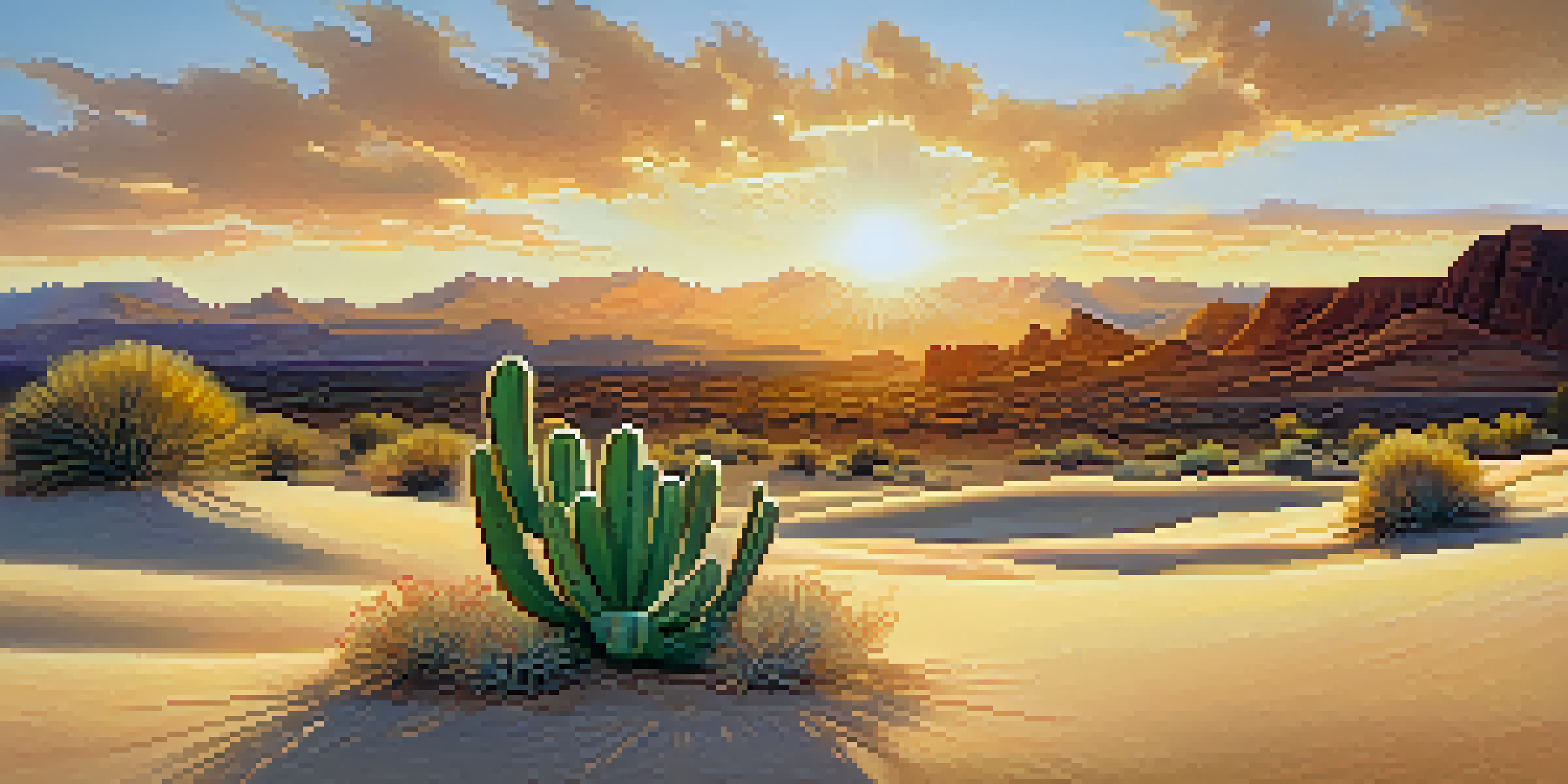 A peaceful desert scene with a small Peyote cactus in the foreground, illuminated by the soft light of the sunrise.