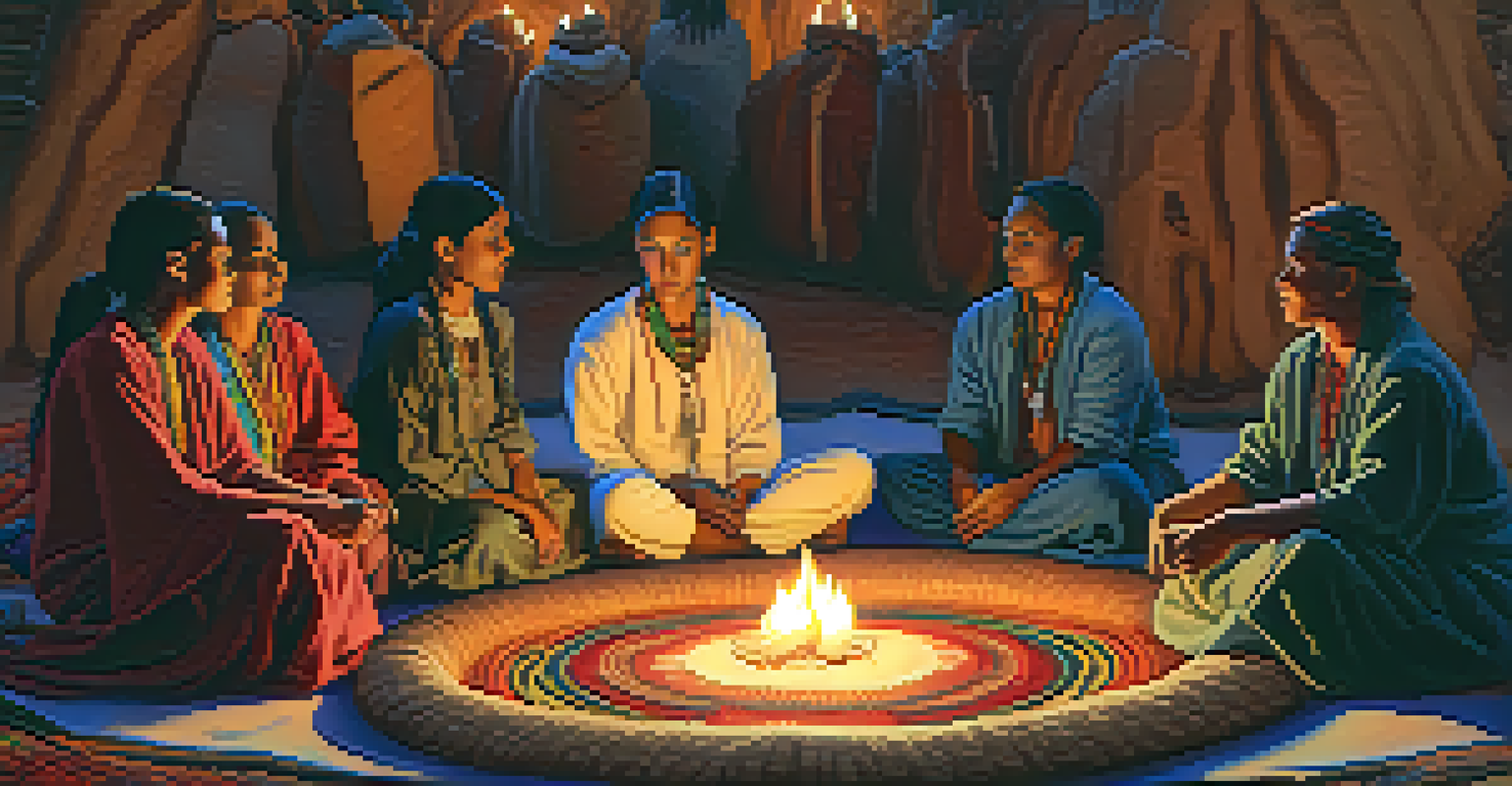A diverse group of people sharing stories in a circle during a peyote ceremony, illuminated by candlelight.
