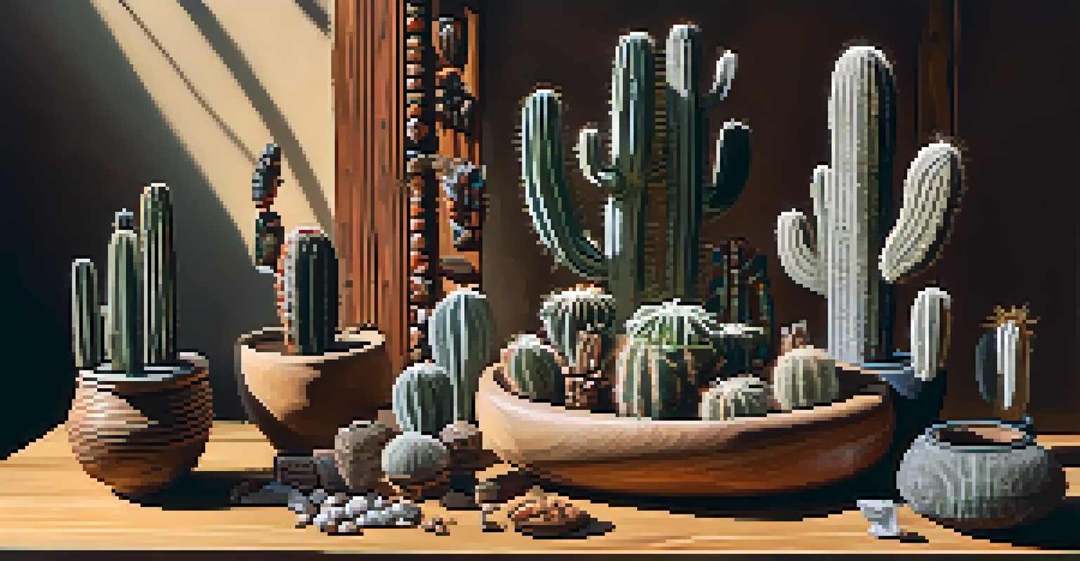 An arrangement of dried peyote cacti and Indigenous artifacts on a wooden table, warmly lit.