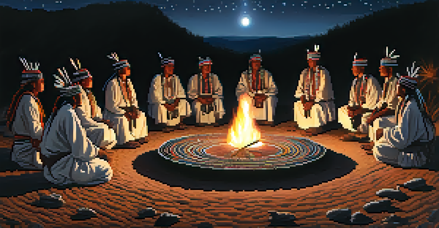 An Indigenous ceremony with participants around a fire under a starry sky, creating a sense of community and connection.